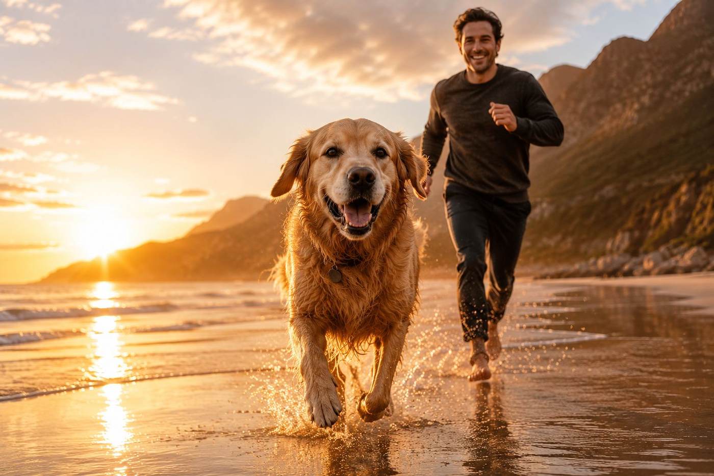 Hund läuft glücklich mit seinem Besitzer